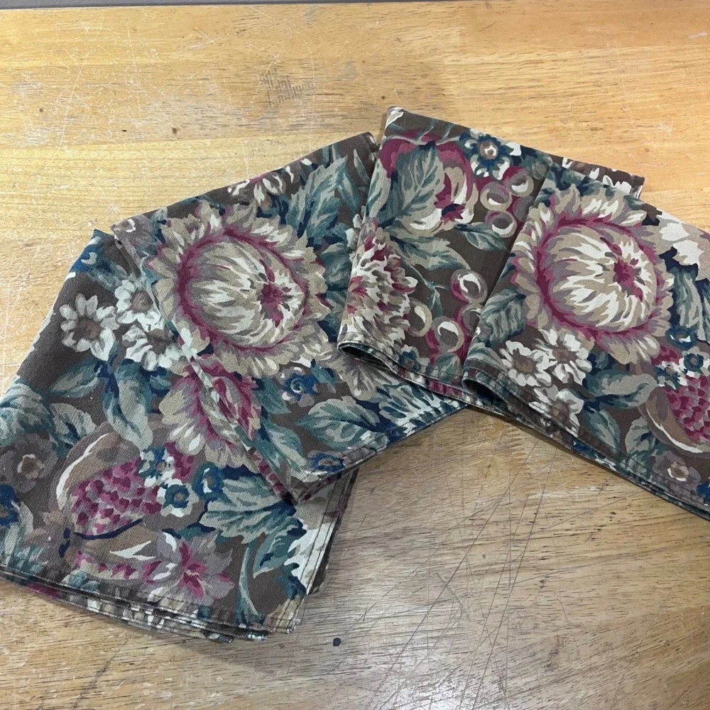 Vtg American Living Ralph Lauren Floral Brown Cloth Napkins Set of 4 19x18